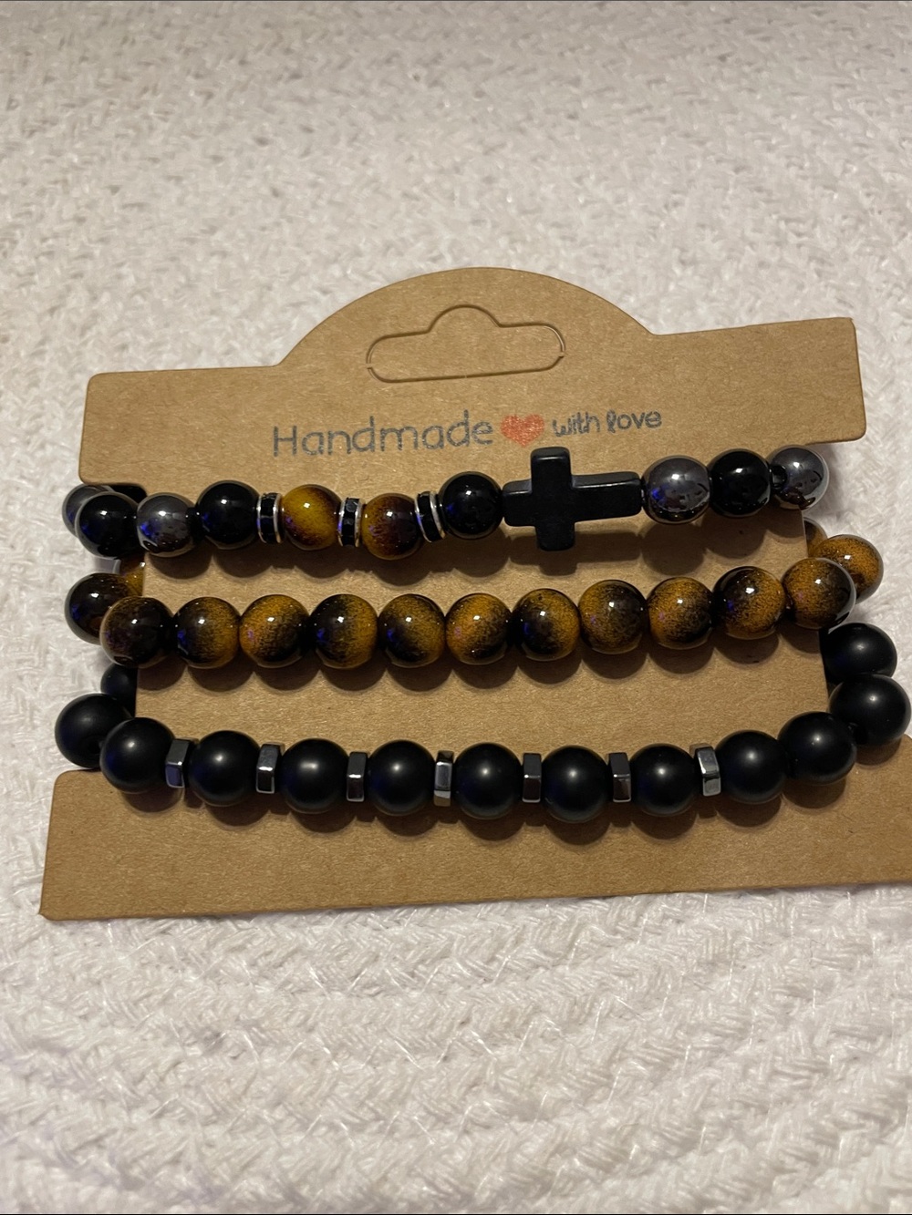 Black Onyx & Tiger Eye Beaded Stretch Bracelets, set of 3 - Picture 6 of 6